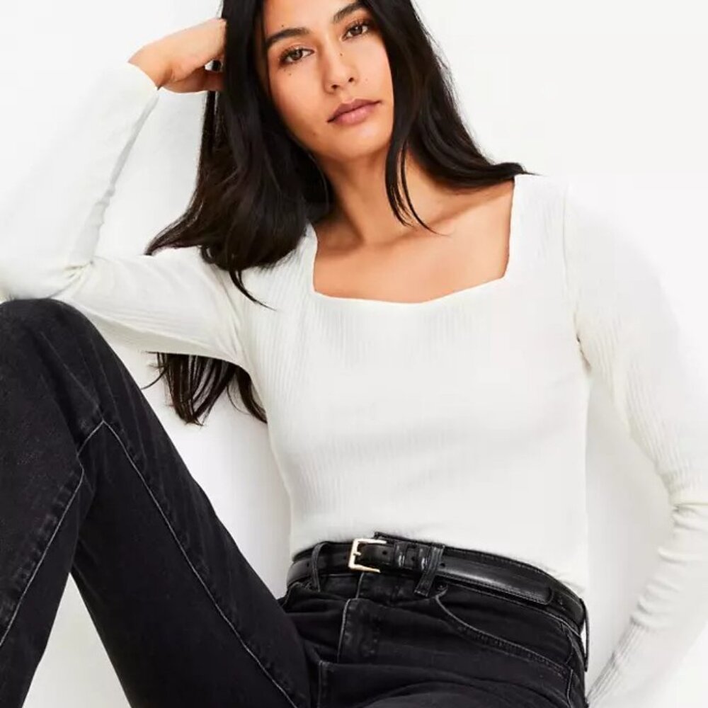 LOFT Cream Ribbed Square-Neck Long Sleeve Top